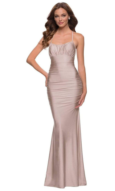La Femme - 29873 Strappy Open Back Shiny Jersey Fitted Gown Prom Dresses 00 / Nude