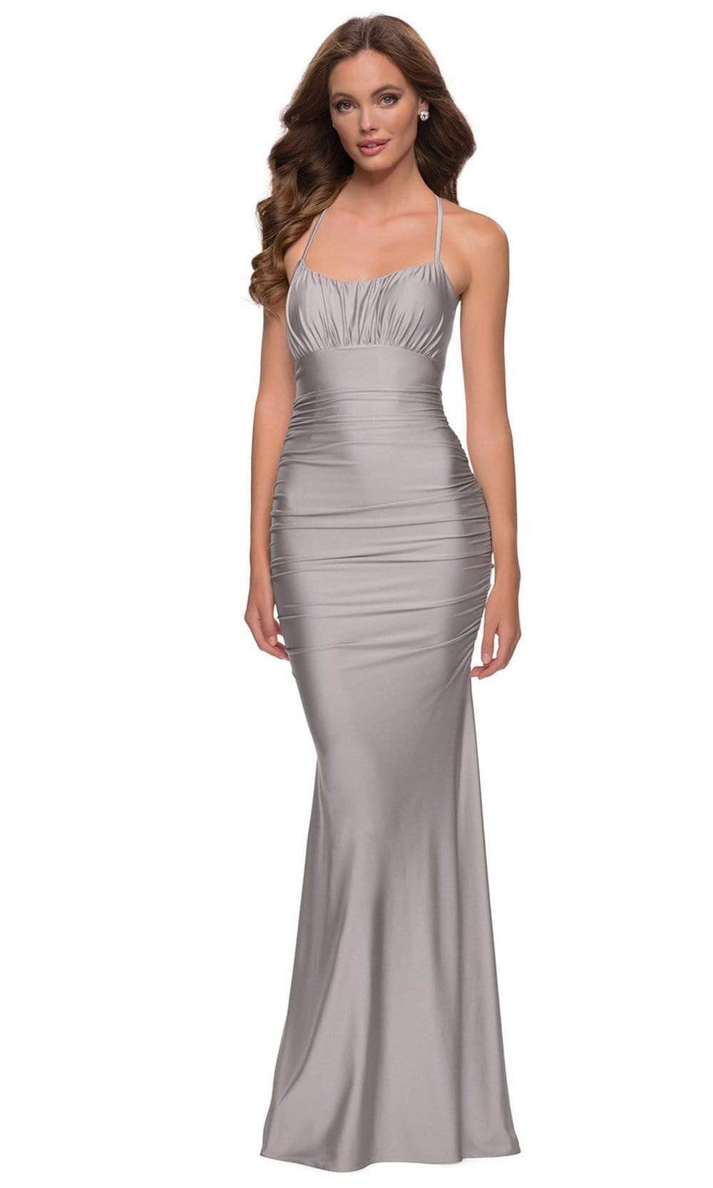 La Femme - 29873 Strappy Open Back Shiny Jersey Fitted Gown Prom Dresses 00 / Silver