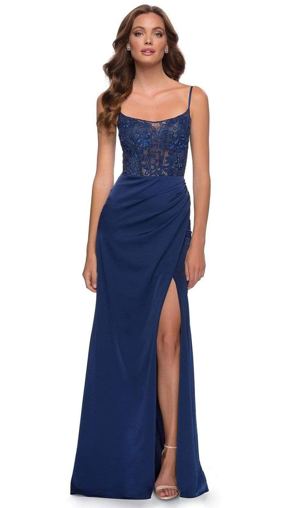 La Femme - 29888 Scoop Laced A-Line Evening Gown Prom Dresses 00 / Navy