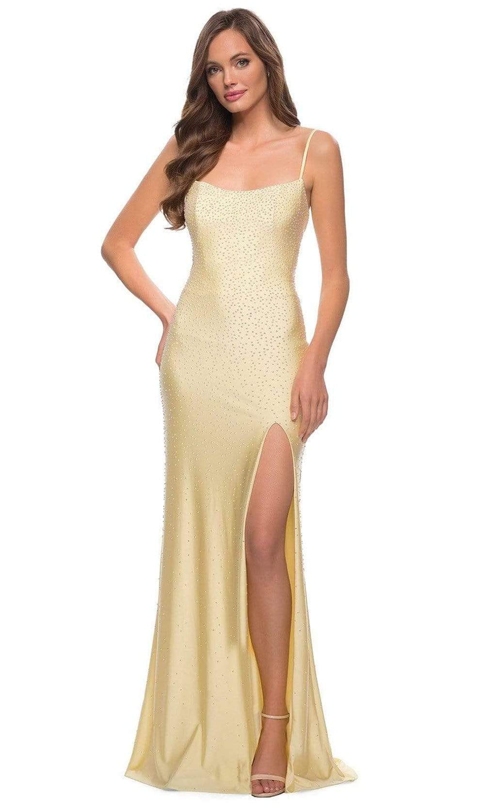 La Femme - 29899 Rhinestone Studded High Slit Dress Evening Dresses 00 / Pale Yellow