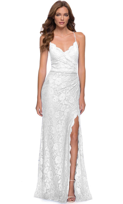 La Femme - 29939 Lace Scalloped V Neck Sheath Dress Prom Dresses 0 / Ivory