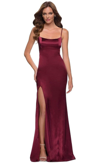 La Femme - 29945 Stretch Satin Scoop Neck Sheath Dress Special Occasion Dress 00 / Burgundy