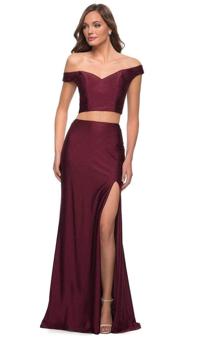 La Femme - 29951 Two-Piece Jewel Studded Off Shoulder Dress Prom Dresses 00 / Dark Berry