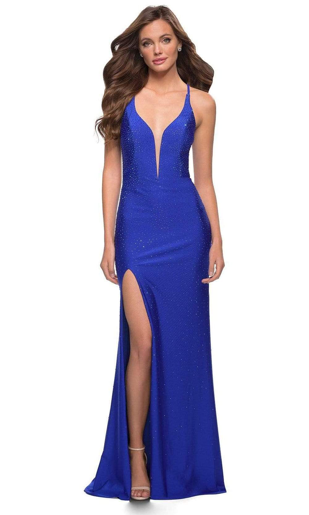 La Femme - 29958 Low V Neck Beaded Slit Dress Prom Dresses 00 / Royal Blue