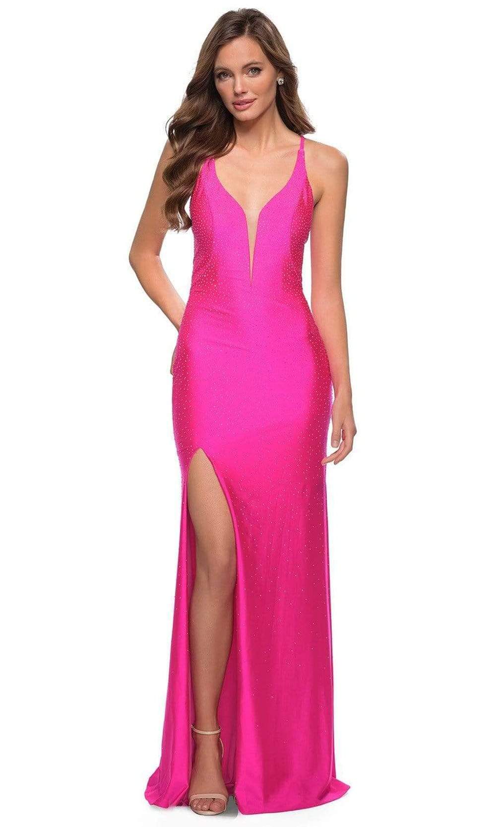 La Femme - 29969 Low V Neck Beaded Long Gown Prom Dresses 00 / Neon Pink