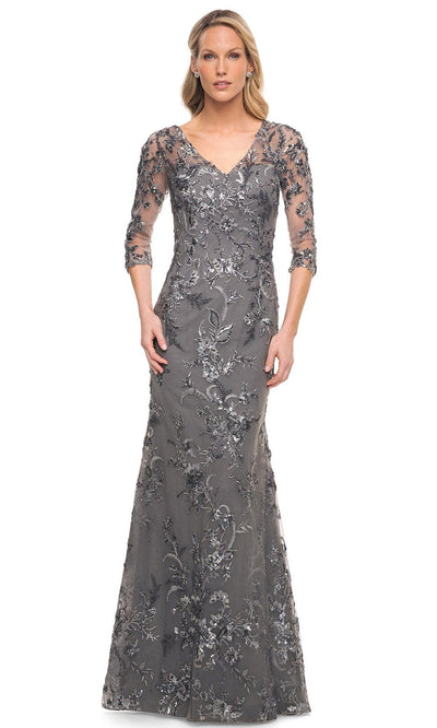 La Femme 29976 - Embroidered Sheer Lace Sheath Dress Mother of the Bride Dresses 4 / Gunmetal