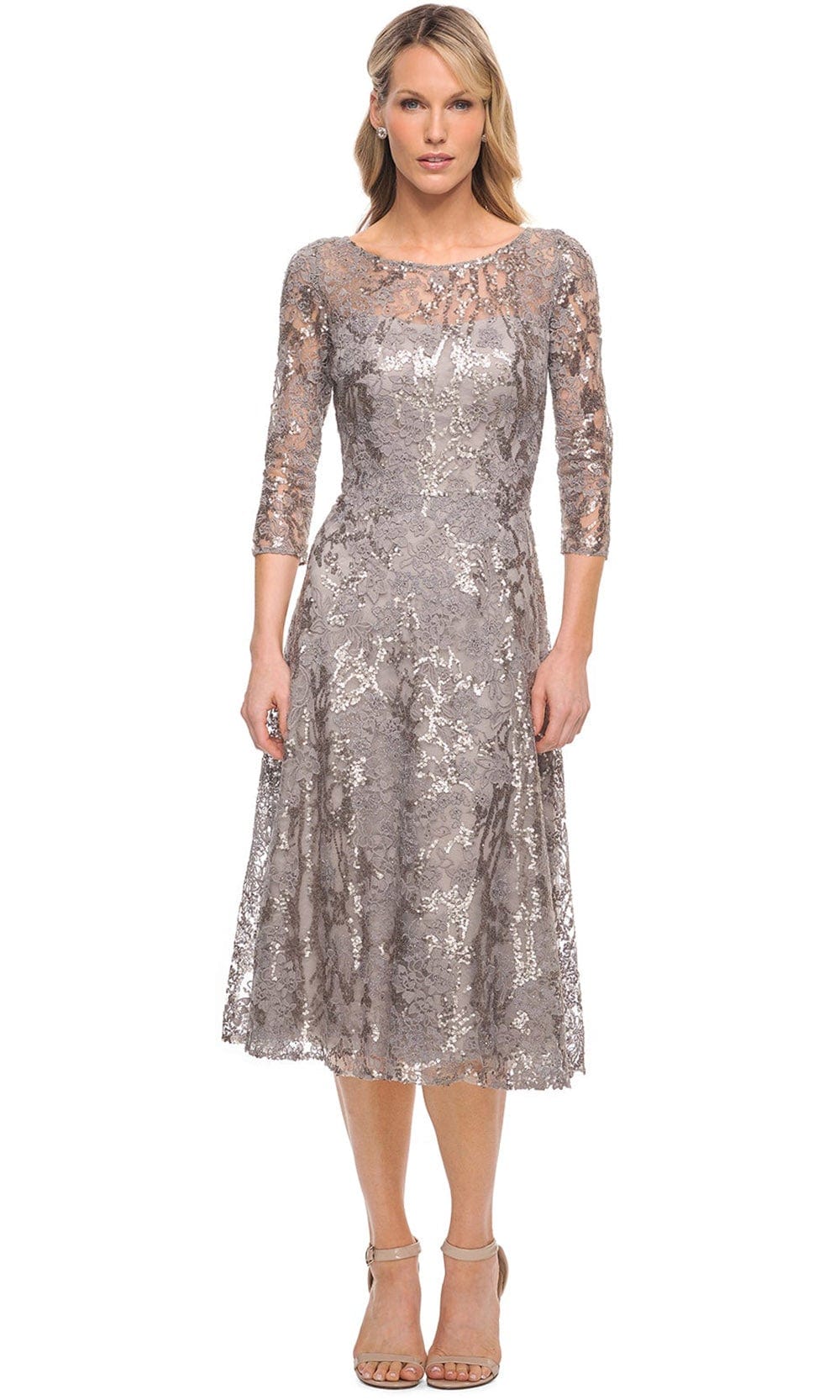 La Femme 29993 - Sparkly Embroidered Tea Length Dress Special Occasion Dress 4 / Silver