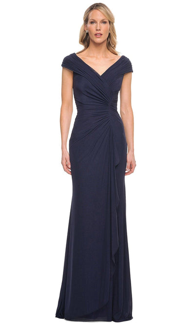 La Femme 29996 - V Neckline Ruching Column Gown Special Occasion Dress 2 / Navy