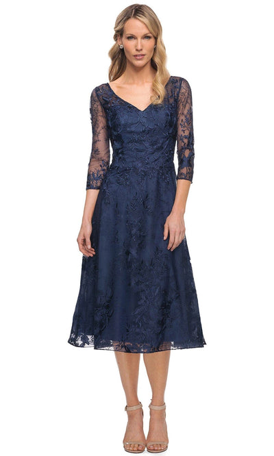 La Femme 30016 - Embroidered Lace V Neck Short Dress Special Occasion Dress 4 / Navy
