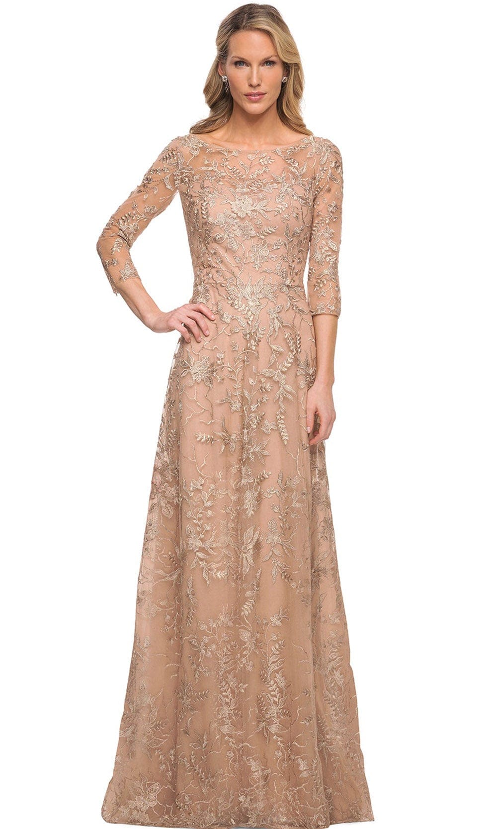 La Femme 30021 - Embroidered Sheer Lace Sheath Dress Special Occasion Dress 4 / Light Gold