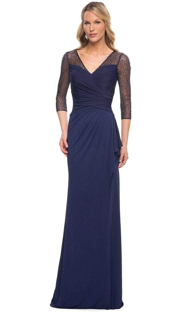 La Femme - 30028SC Sheer Quarter Length Sleeve V-neck Long Dress - 1 pc Navy In Size 10 Available CCSALE 10 / Navy