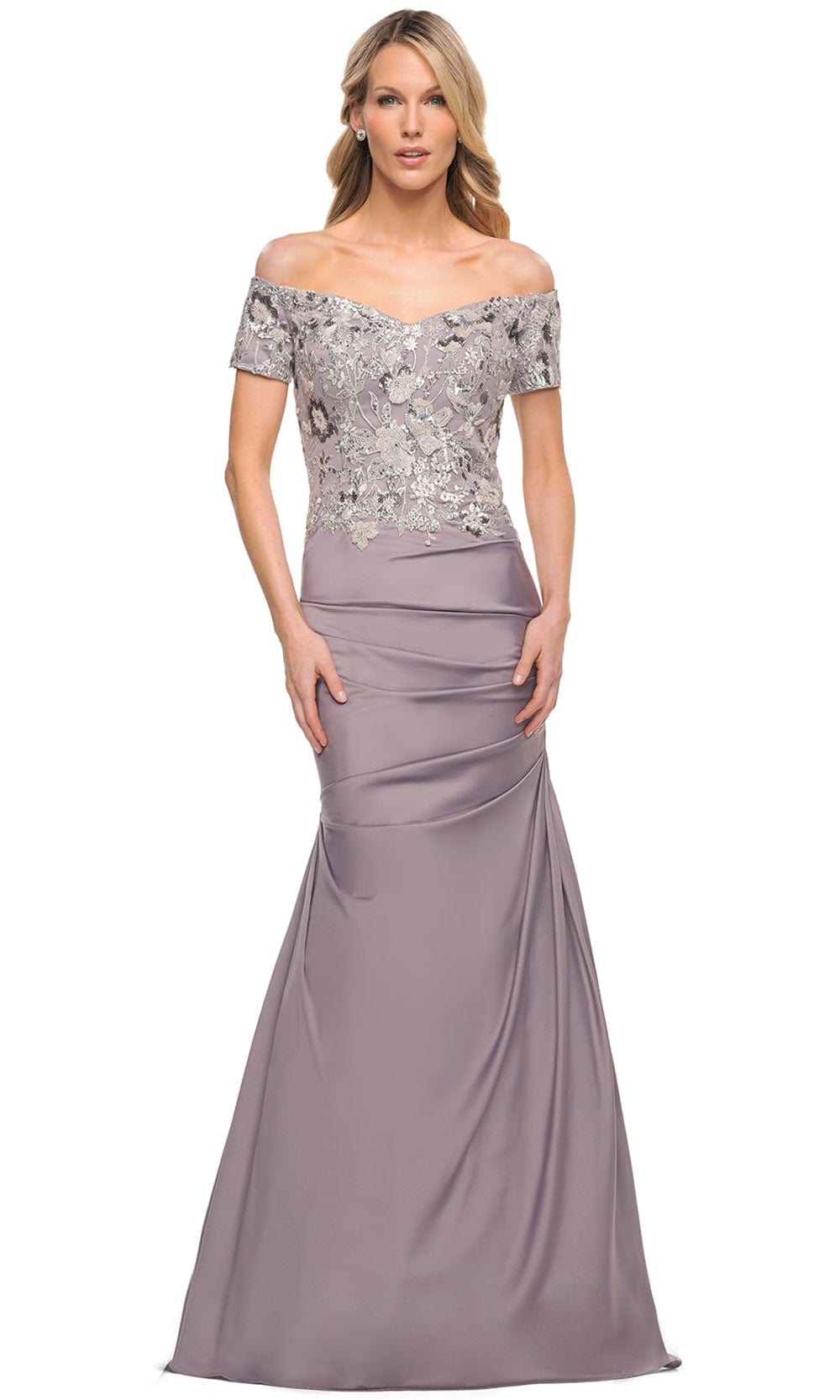 La Femme 30045 - Off-Shoulder Embroidered Dress Special Occasion Dress 2 / Silver