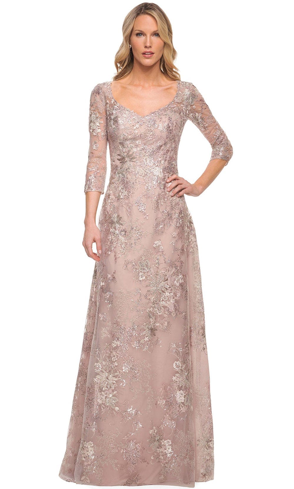 La Femme 30054 - Embroidered V-Neckline A-Line Dress Special Occasion Dress 2 / Mauve