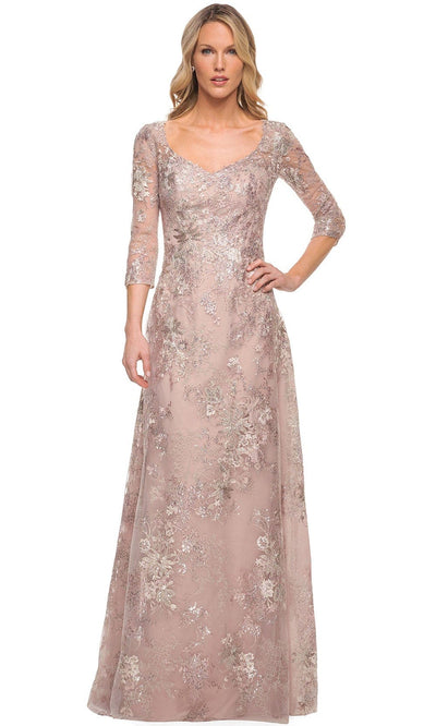 La Femme 30054 - Embroidered V-Neckline A-Line Dress Special Occasion Dress 2 / Mauve