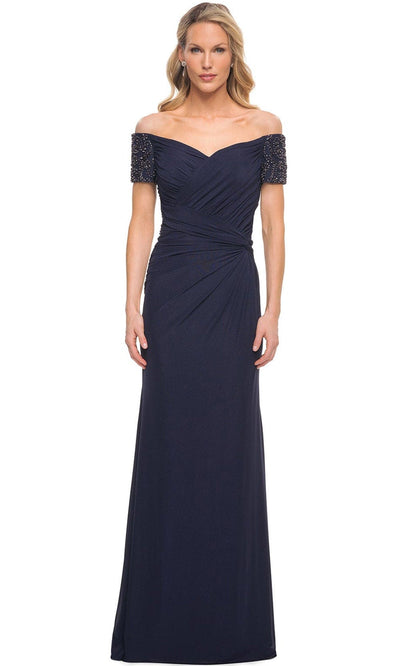 La Femme 30057 - Off Shoulder Pleated Bodice Long Gown Special Occasion Dress 4 / Navy