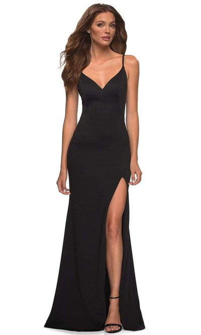 La Femme - 30072 Spaghetti Strap High Slit Gown Prom Dresses 00 / Black