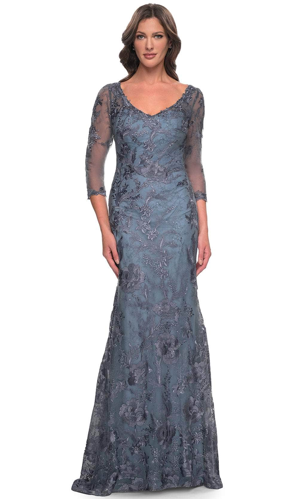 La Femme 30130 - V-Neck Sheath Formal Dress Evening Dresses 4 / Smoky Blue