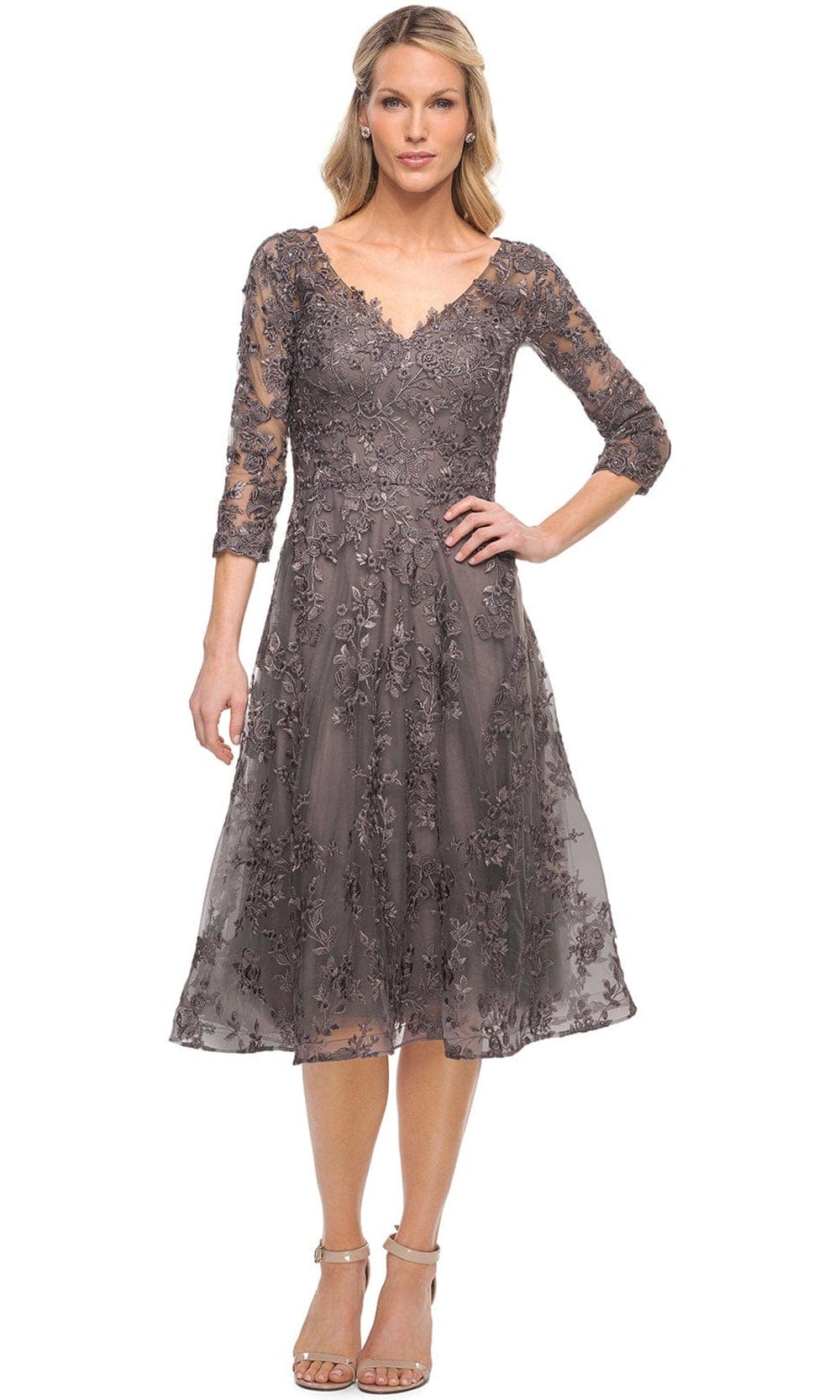 La Femme 30268 - Laced A Line Dress Special Occasion Dress 4 / Gunmetal