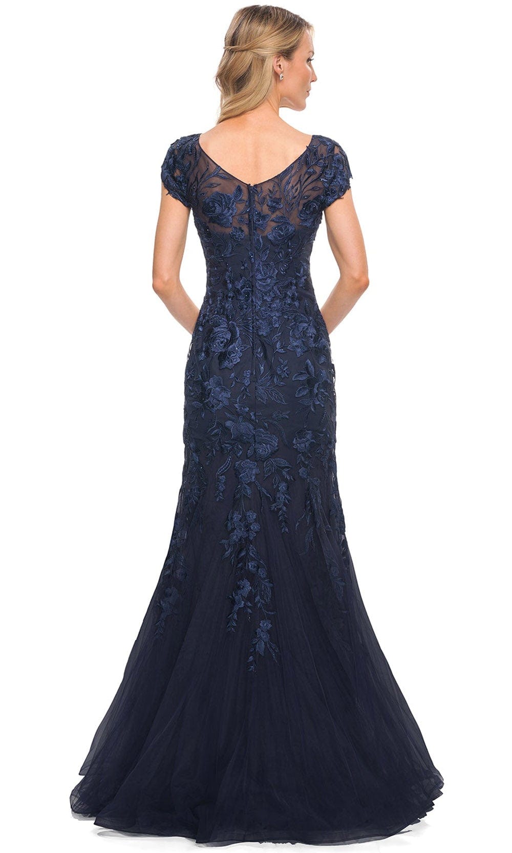 La Femme 30269 - Long Lace Mermaid Dress - Lace, Tulle, Sheer, Short Sleeve, Back Zipper, Mermaid, Floor Length 18 / Navy La Femme 30269 - Long Lace Mermaid Dress - Lace, Tulle, Sheer, Short Sleeve, Back Zipper, Mermaid, Floor Length 18 / Navy