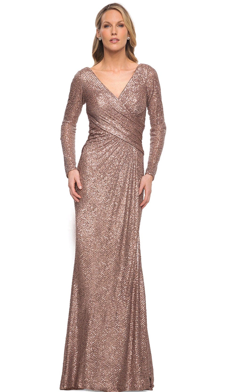 La Femme 30310 - Sequined Long Sleeves V-Neck Gown Mother of the Bride Dresses 4 / Cocoa