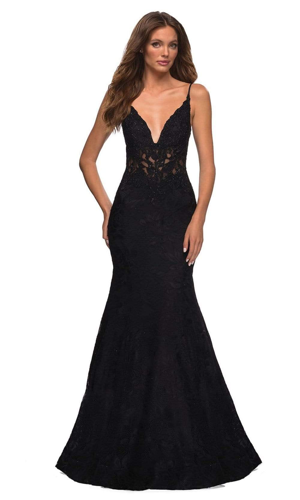 La Femme - 30320 Spaghetti Strap Lace Mermaid Gown Special Occasion Dress 00 / Black