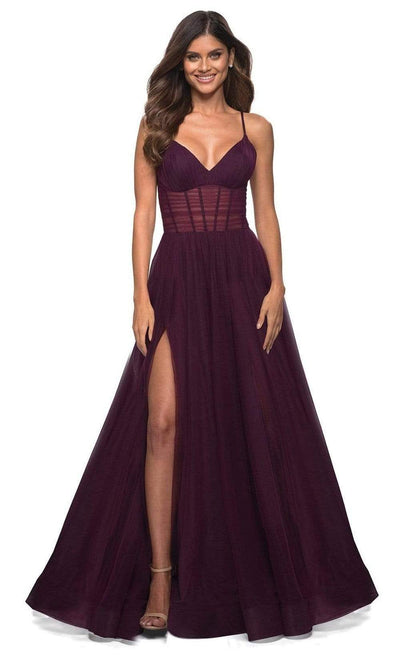 La Femme - 30334 Sheer Ruche-Ornate A-Line Gown Special Occasion Dress 00 / Dark Berry