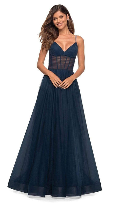 La Femme - 30334 Sheer Ruche-Ornate A-Line Gown Special Occasion Dress 00 / Navy