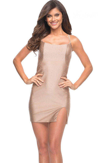 La Femme 30355 - Crisscross Back Beaded Cocktail Dress Cocktail Dress 00 / Nude