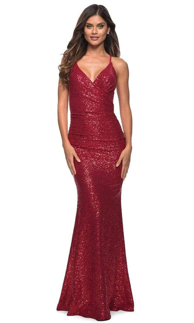 La Femme - 30362 V-Neck Strappy Back Long Gown Evening Dresses 00 / Red