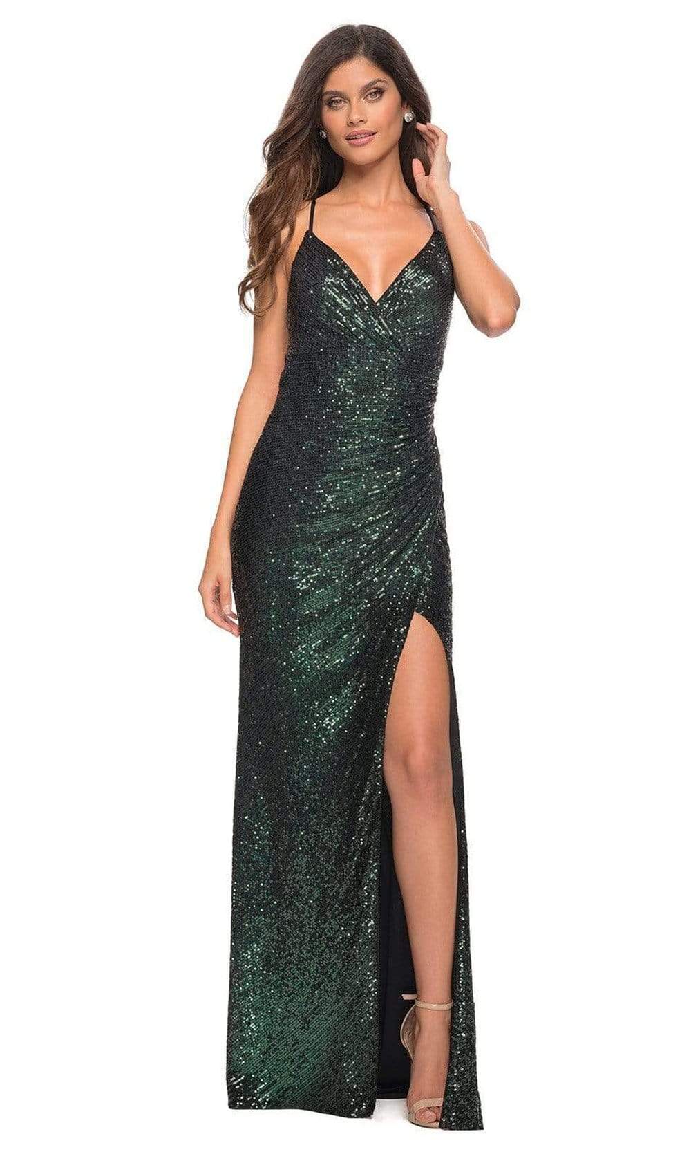La Femme - 30374 Sequined Column V Neck Gown Special Occasion Dress 00 / Emerald