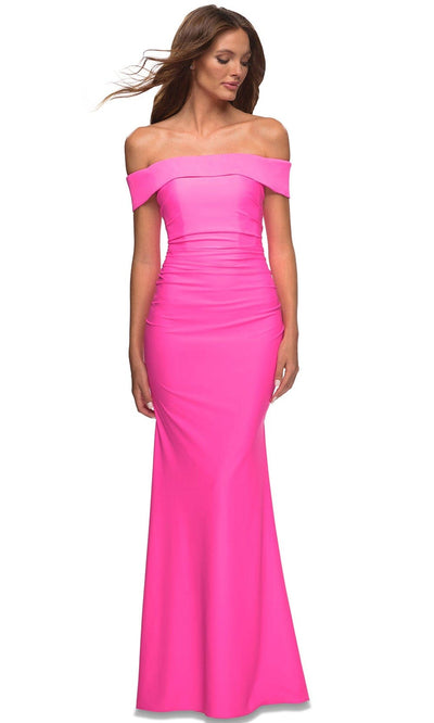La Femme 30421 - Draped Off Shoulder Gown Special Occasion Dress 00 / Hot Coral
