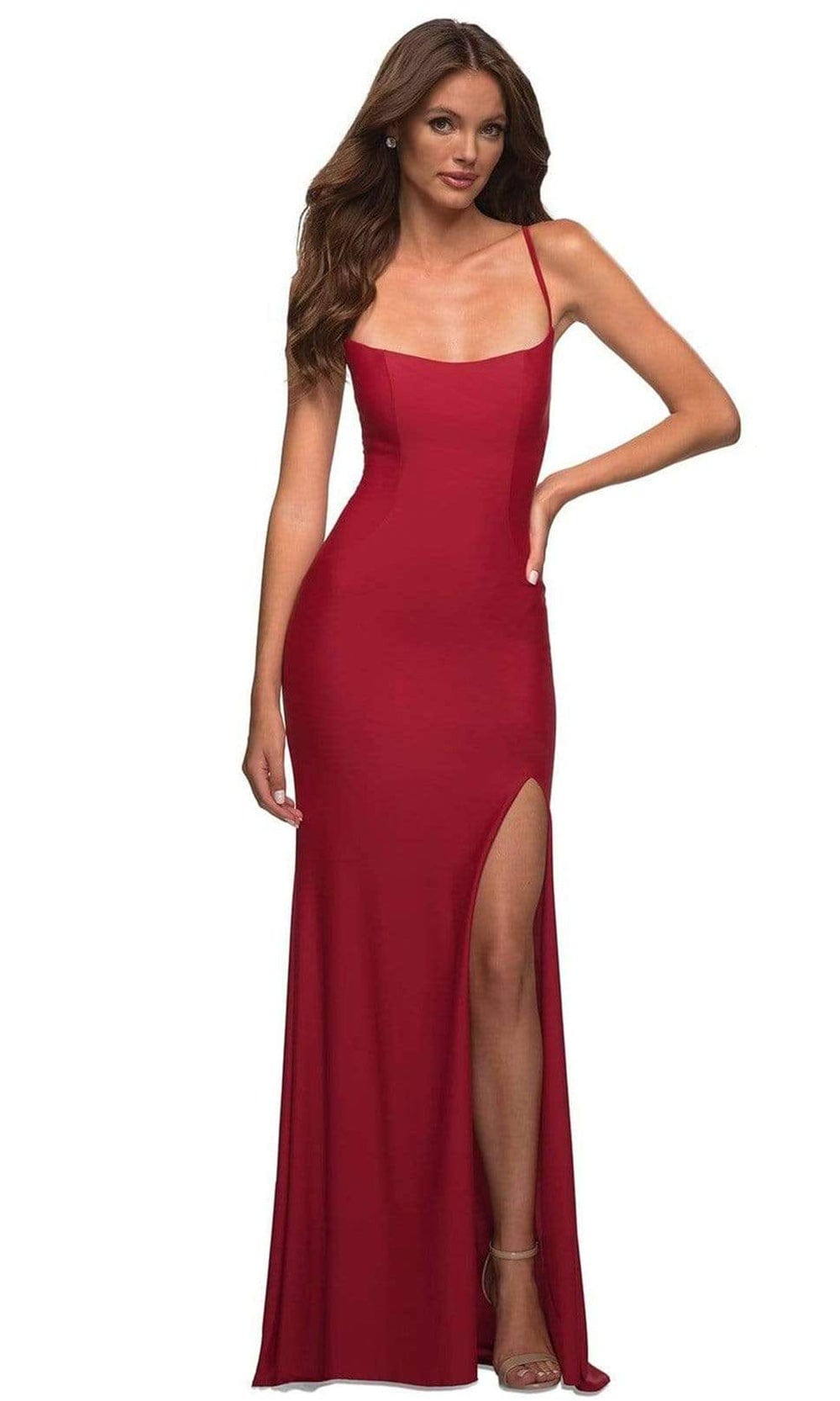 La Femme - 30436 Scoop Neck High Slit Gown Special Occasion Dress 00 / Red