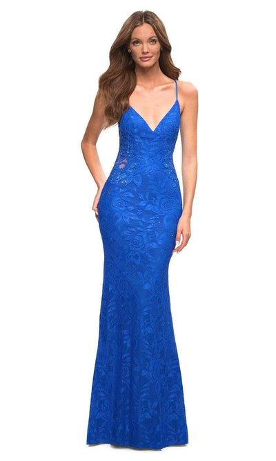 La Femme - 30474 Beaded Applique Sheath Gown Special Occasion Dress 00 / Royal Blue