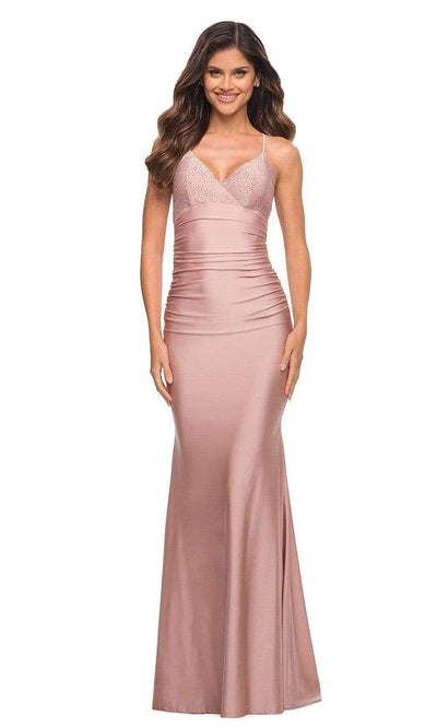 La Femme - 30503 V-Neck Ruched Trumpet Gown Special Occasion Dress 00 / Mauve