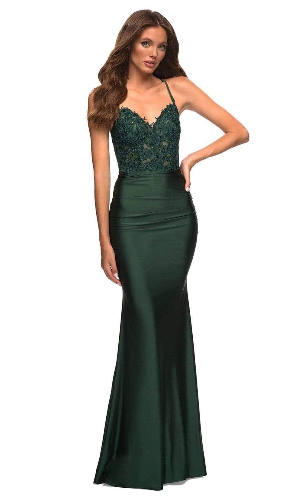 La Femme - 30521 Lace Bodice Jersey Gown Special Occasion Dress 00 / Dark Emerald