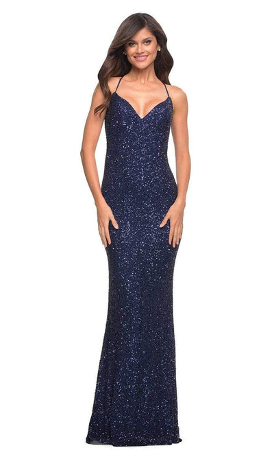 La Femme - 30523 Sequined Sheath Gown Special Occasion Dress 00 / Navy