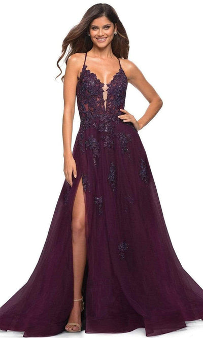 La Femme - 30560 Beaded Applique A-Line Gown Prom Dresses 00 / Dark Berry