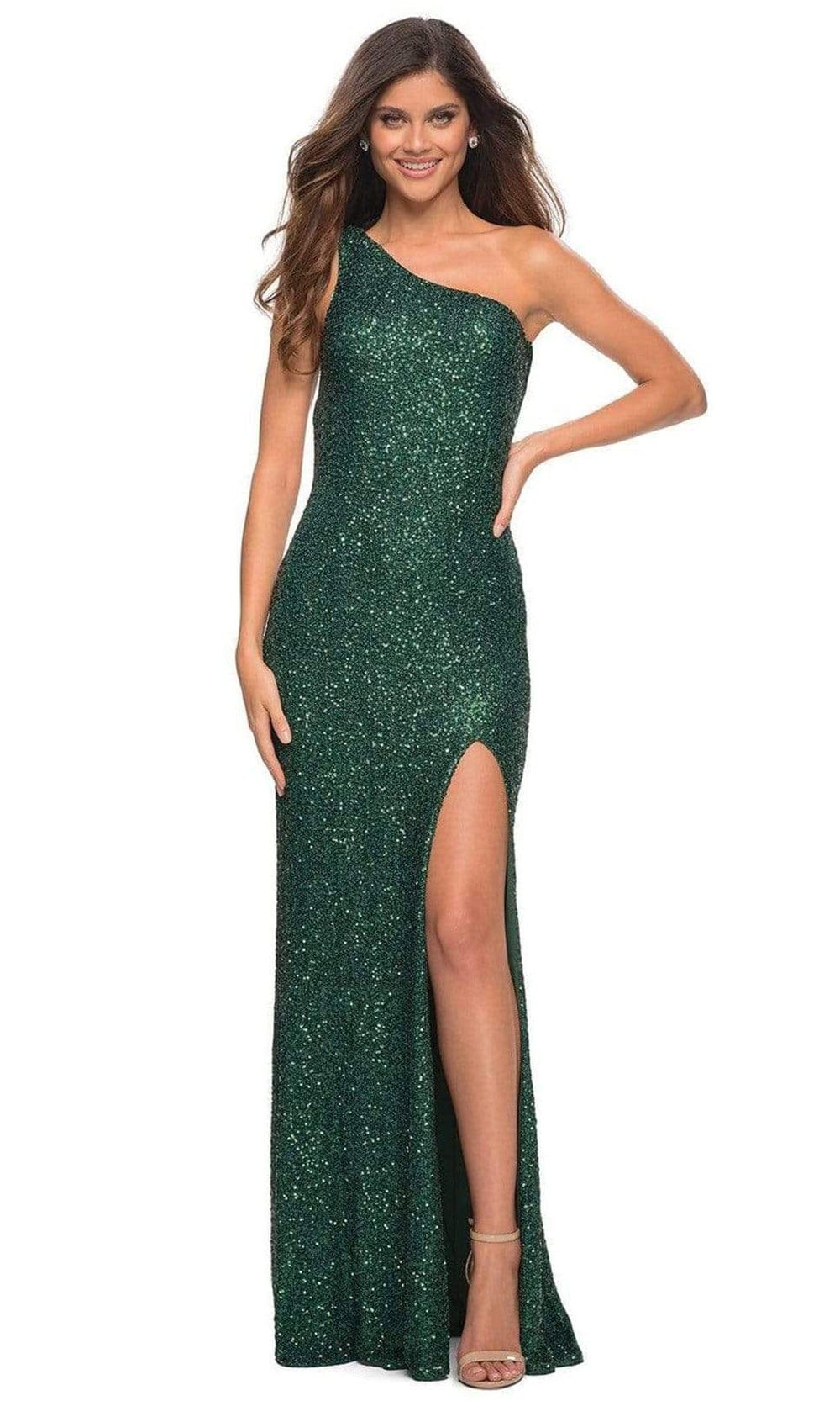 La Femme - 30562 Asymmetrical Sequin Sheath Gown Prom Dresses 00 / Emerald