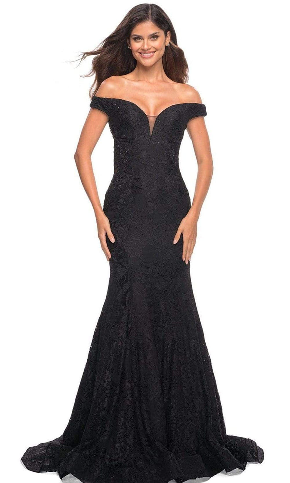 La Femme - 30564 Off Shoulder Stretch Lace Gown Evening Dresses 00 / Black