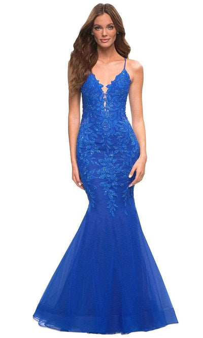 La Femme - 30584 Beaded Lace Mermaid Gown Prom Dresses 00 / Royal Blue