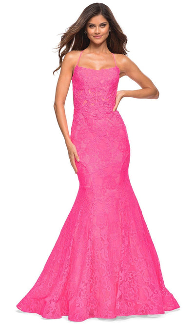 La Femme 30605 - Square Trumpet Evening Dress Special Occasion Dress 00 / Neon Pink