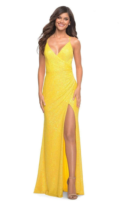 La Femme - 30620 Draped High Slit Sequin Gown Special Occasion Dress 00 / Yellow