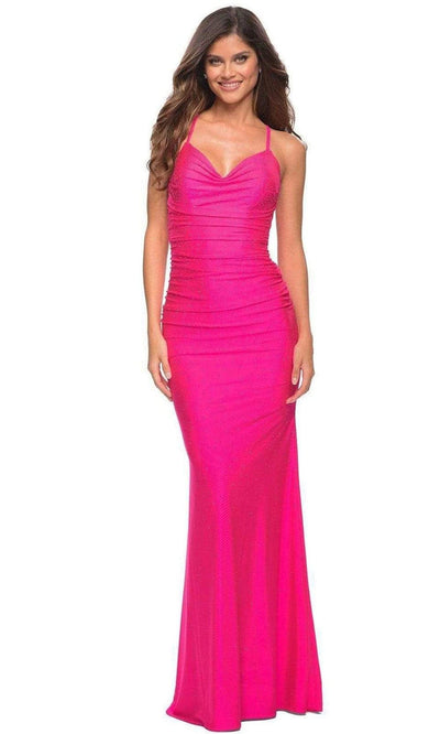 La Femme - 30658 Bead Detailed Cowl Bodycon Dress Prom Dresses 00 / Neon Pink