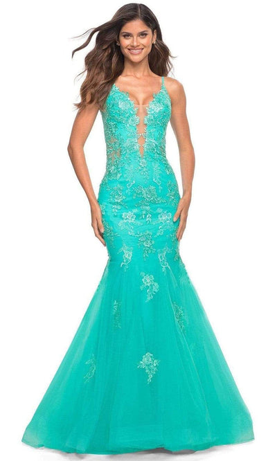 La Femme - 30675 Embroidered Floral Trumpet Gown Prom Dresses 00 / Aqua