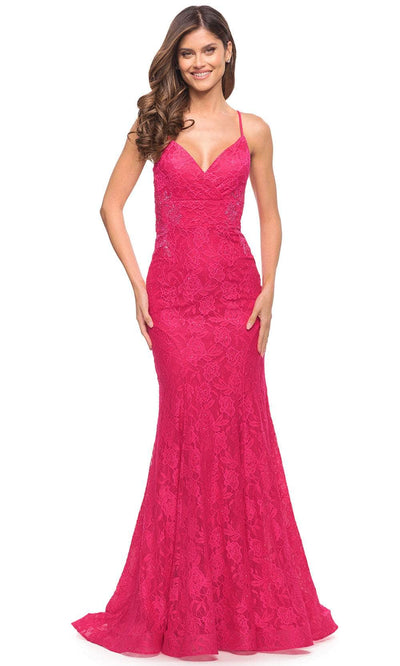 La Femme 30690 - Sleeveless Lace Up Mermaid Dress Special Occasion Dress 00 / Hot Pink