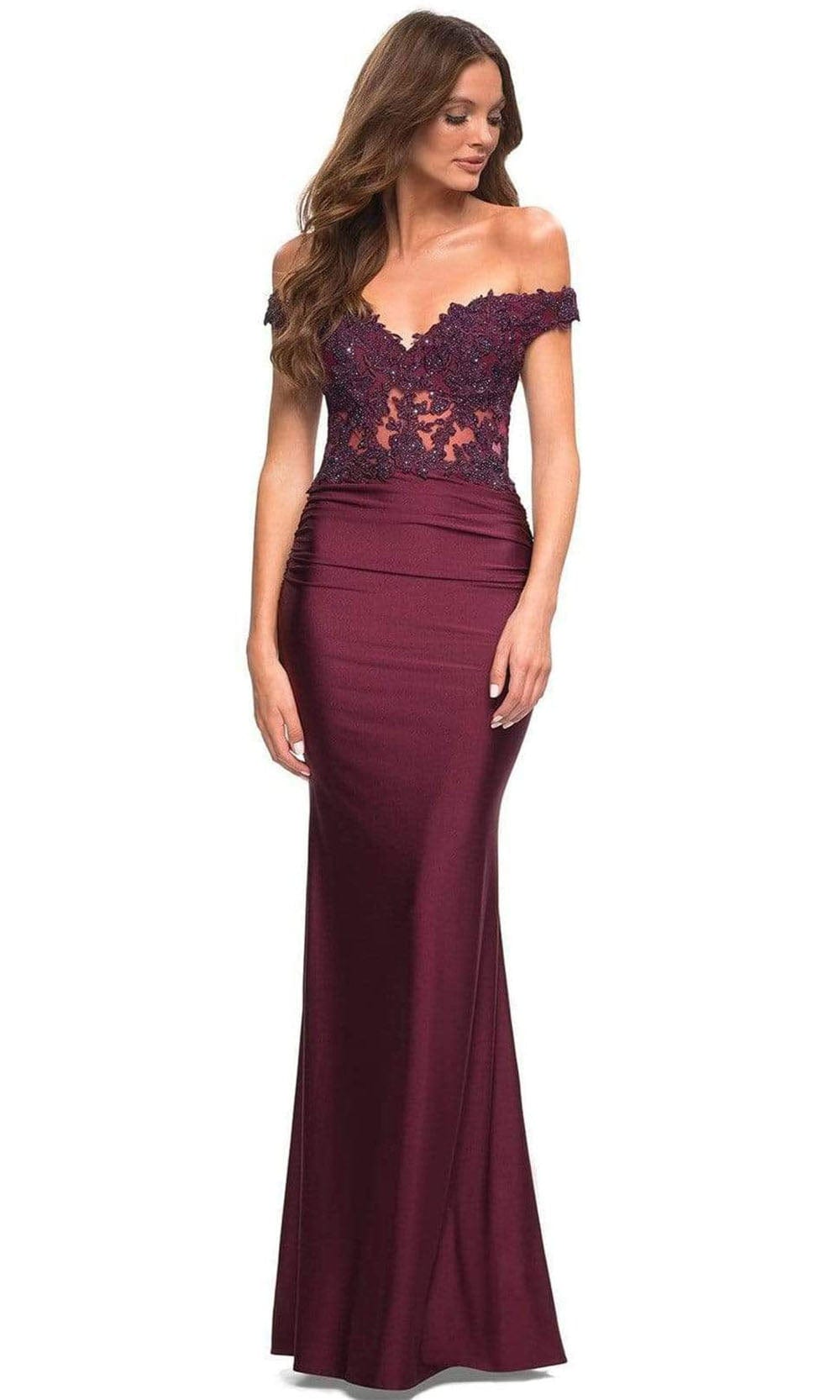 La Femme - 30741 Illusion Lace Top Long Dress Prom Dresses 00 / Dark Berry