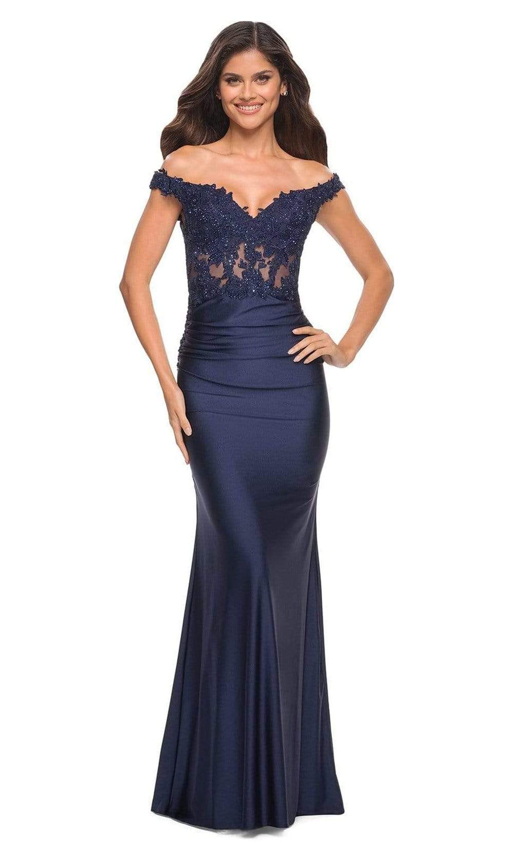 La Femme - 30741 Illusion Lace Top Long Dress Special Occasion Dress 00 / Navy
