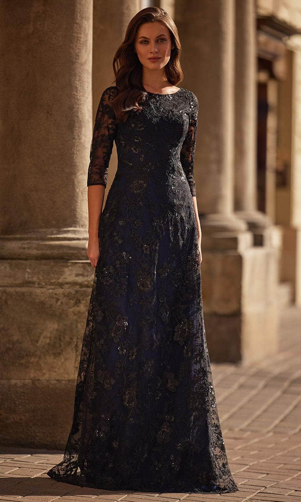 navy blue lace evening dress with sheer long sleeves Long Prom Dress Navy Blue Half Sleeve Lace Applique Formal Evening Dresses 2018 APD3261