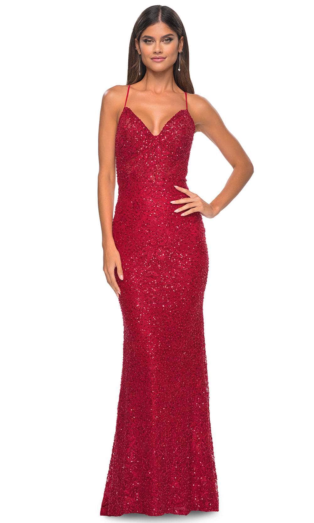 La Femme 31359 - V-Neck Lace Prom Dress Evening Dresses 00 /  Red