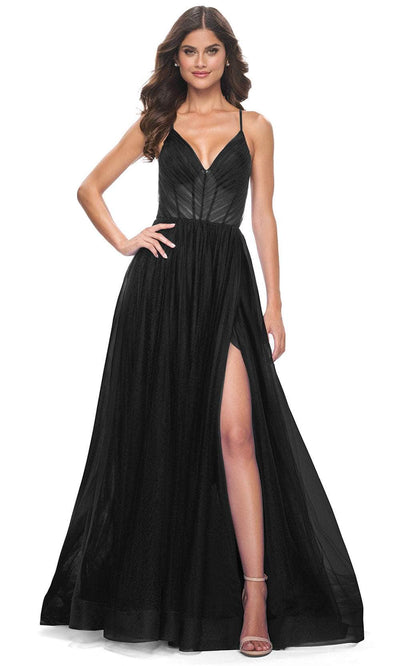 La Femme 31457 - Ruched Bodice V-Neck Prom Dress Evening Dresses 00 /  Black